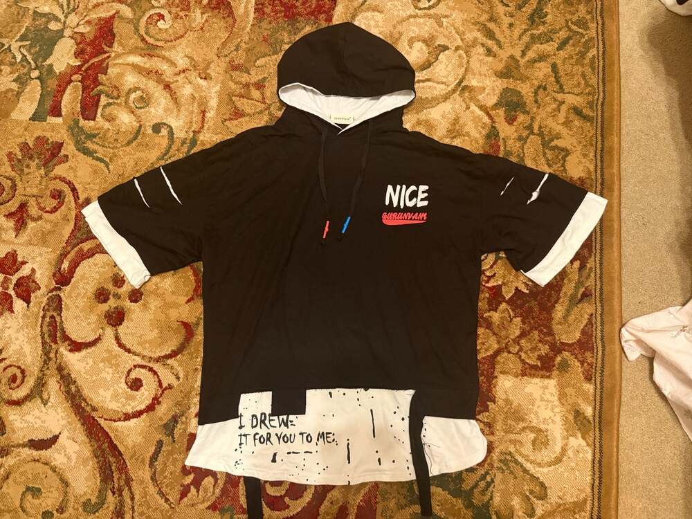 Gurunvani Black Short Sleeve Layered Graphic Hoodie 'Nice'